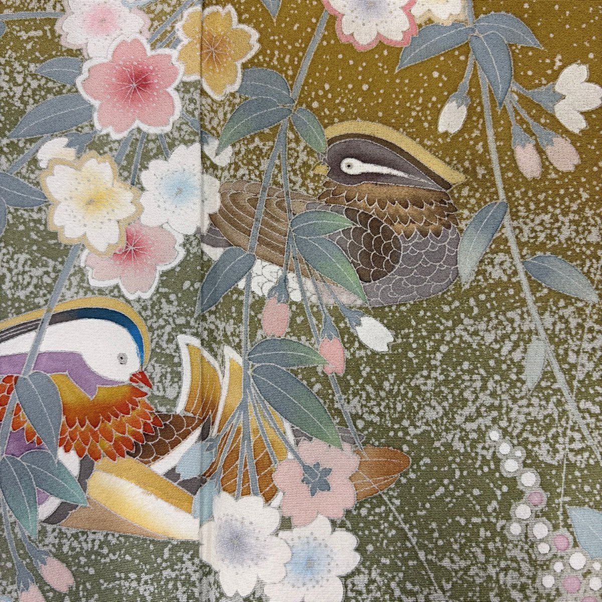 訪問服 身長162cm 袖長65.5cm M 雙層 鴛鴦 櫻花 山吹茶 純蠶絲 秀品級