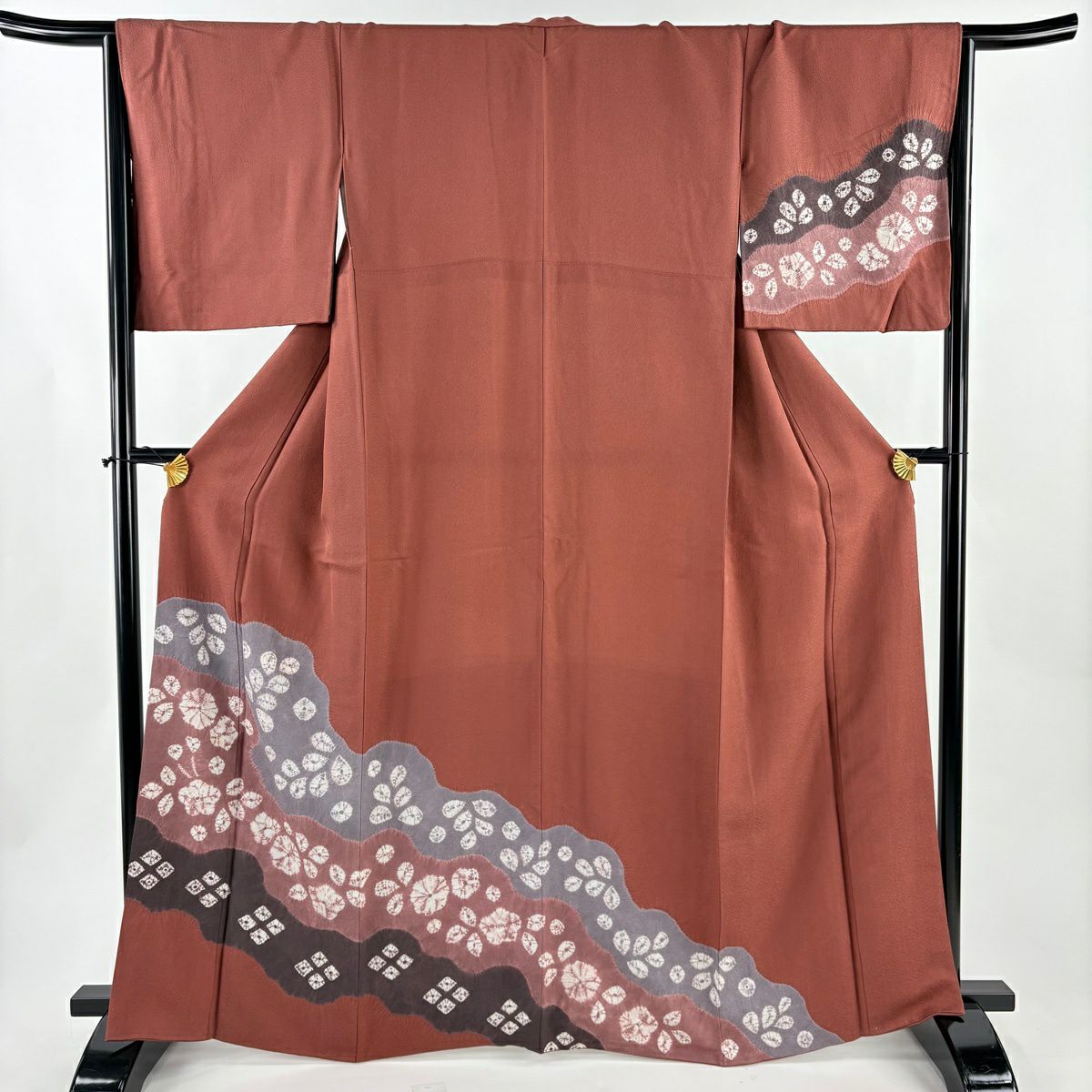 付下 身長164.5cm 袖長67cm M 雙層 草花紋紋 霞 絞染 小豆 純蠶絲 優品級