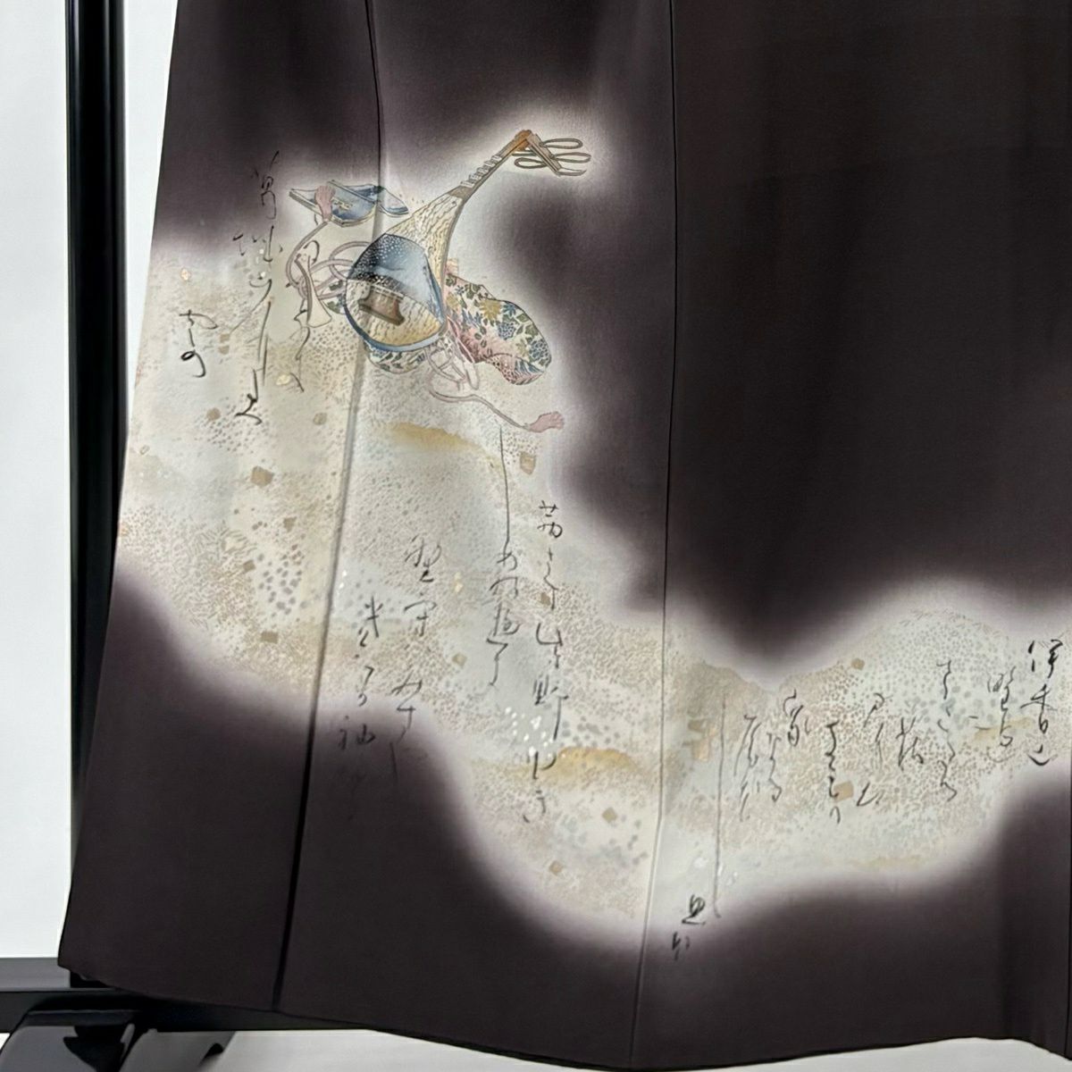 付下 身長159.5cm 袖長66cm M 雙層 樽本伊勢蔵 有落款 琵琶 文字紋 金銀彩 漸層 茶紫 純蠶絲 優品級