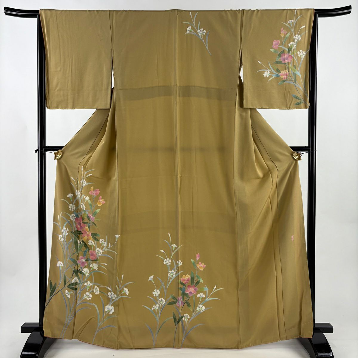 訪問服 身長166.5cm 袖長66cm M 雙層 落款有 草花紋紋 黃土 茶 純蠶絲 秀品級