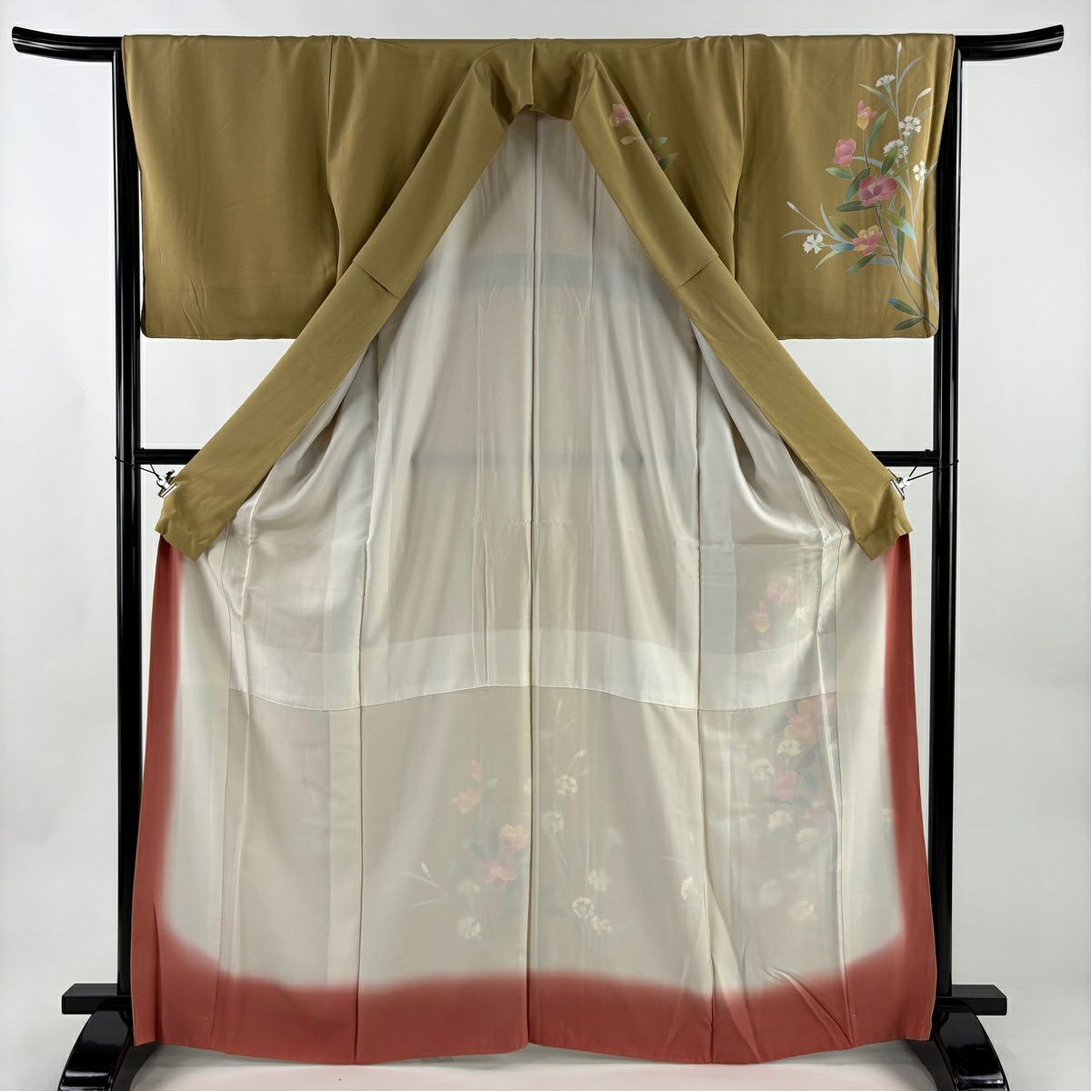 訪問服 身長166.5cm 袖長66cm M 雙層 落款有 草花紋紋 黃土 茶 純蠶絲 秀品級