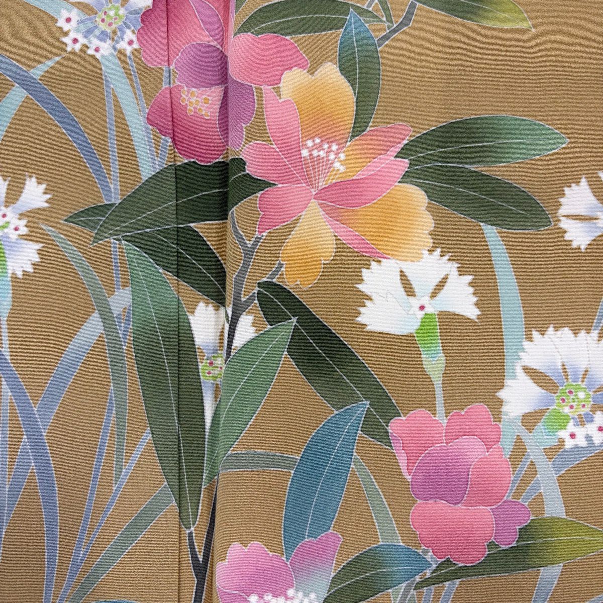 訪問服 身長166.5cm 袖長66cm M 雙層 落款有 草花紋紋 黃土 茶 純蠶絲 秀品級
