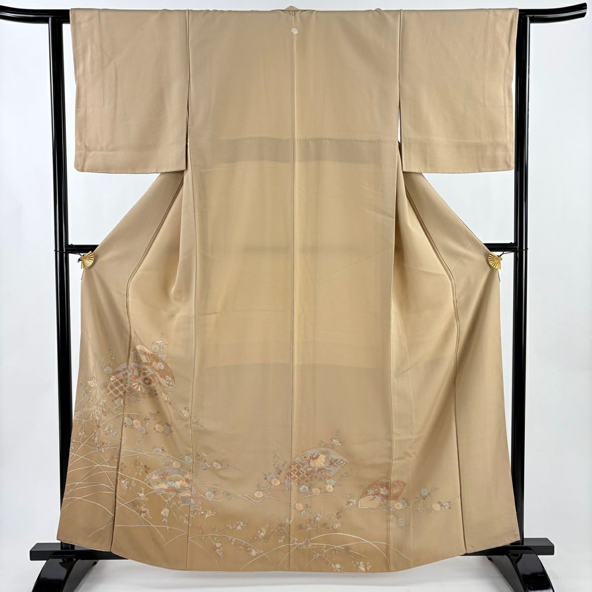 色留袖禮服 身長161.5cm 袖長63cm S 雙層 扇子面 枝梅花 刺繡 漸層 薄茶 純蠶絲 秀品級 一つ紋