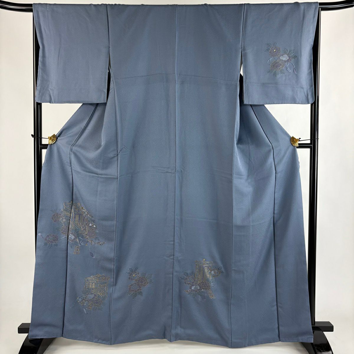 付下 身長163.5cm 袖長67cm M 雙層 御所車 草花紋紋 刺繡 金糸 青灰 純蠶絲 秀品級