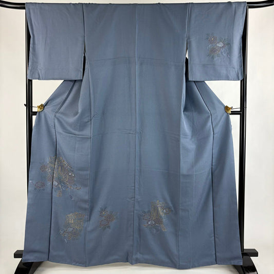 付下 身長163.5cm 袖長67cm M 雙層 御所車 草花紋紋 刺繡 金糸 青灰 純蠶絲 秀品級