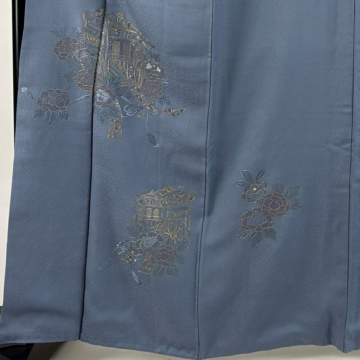 付下 身長163.5cm 袖長67cm M 雙層 御所車 草花紋紋 刺繡 金糸 青灰 純蠶絲 秀品級