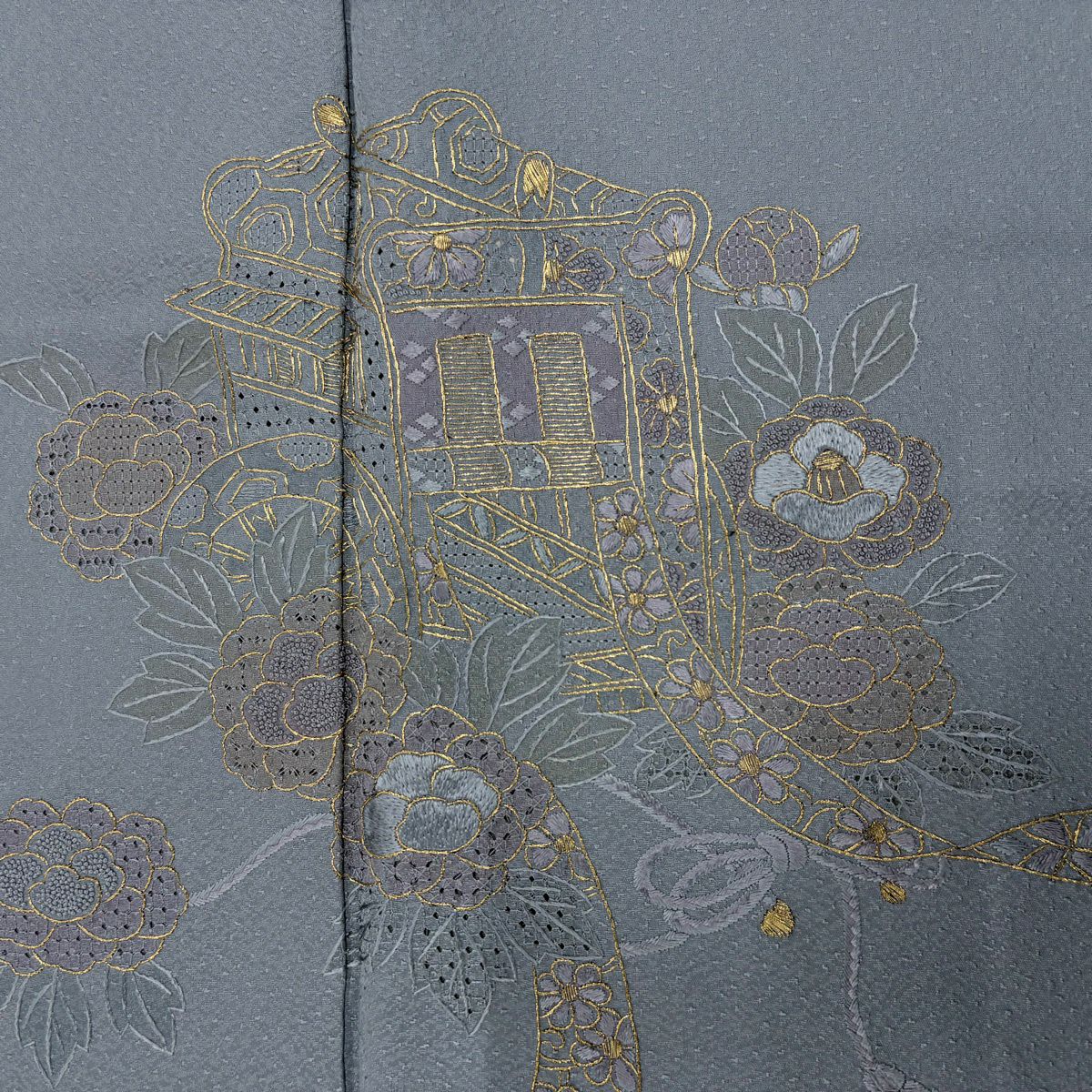 付下 身長163.5cm 袖長67cm M 雙層 御所車 草花紋紋 刺繡 金糸 青灰 純蠶絲 秀品級