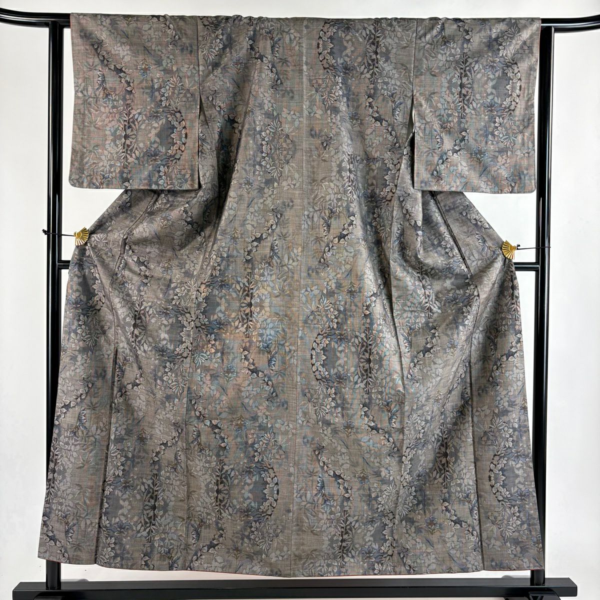 【美品】 紬織織 身長156cm 袖長64cm M 雙層 草花紋紋 灰茶 純蠶絲 秀品級
