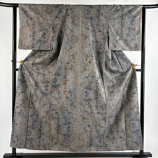 【美品】 紬織織 身長156cm 袖長64cm M 雙層 草花紋紋 灰茶 純蠶絲 秀品級