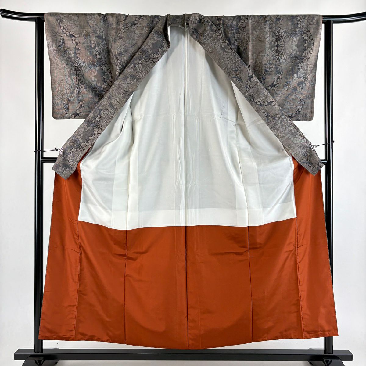 【美品】 紬織織 身長156cm 袖長64cm M 雙層 草花紋紋 灰茶 純蠶絲 秀品級