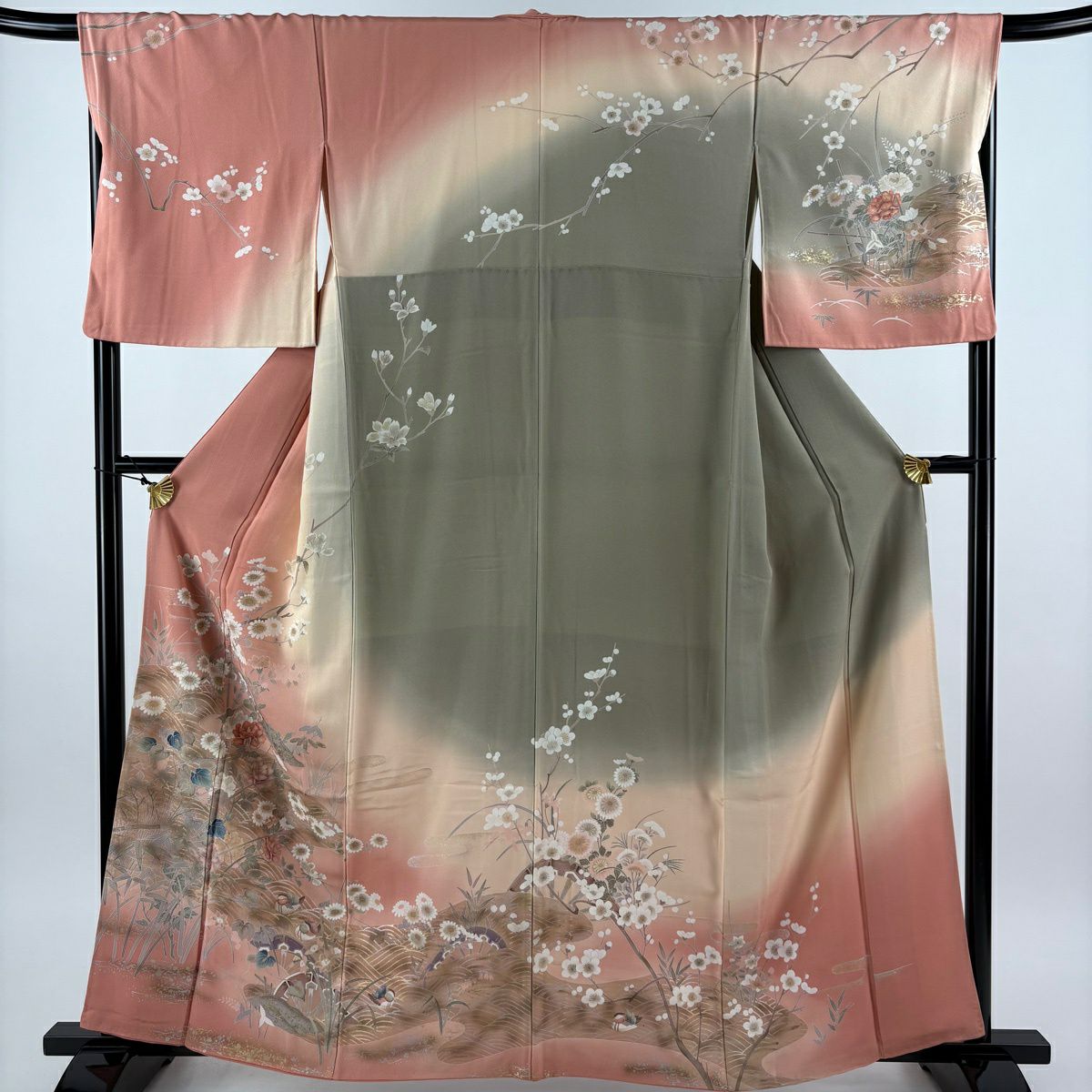 訪問服 身長162cm 袖長68.5cm L 雙層 枝花 波 金銀彩 漸層 鮭粉色 純蠶絲 優品級
