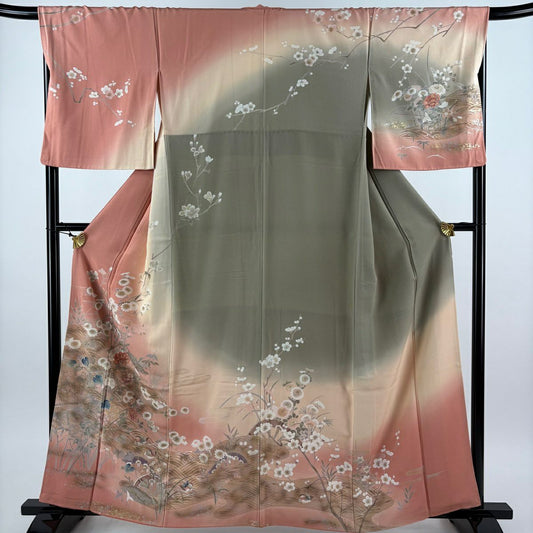 訪問服 身長162cm 袖長68.5cm L 雙層 枝花 波 金銀彩 漸層 鮭粉色 純蠶絲 優品級