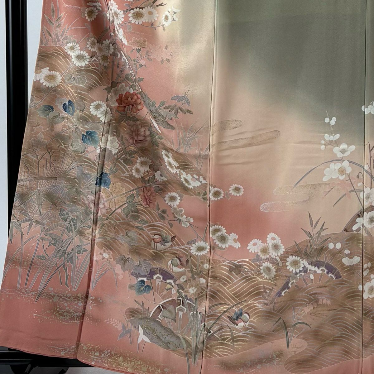 訪問服 身長162cm 袖長68.5cm L 雙層 枝花 波 金銀彩 漸層 鮭粉色 純蠶絲 優品級