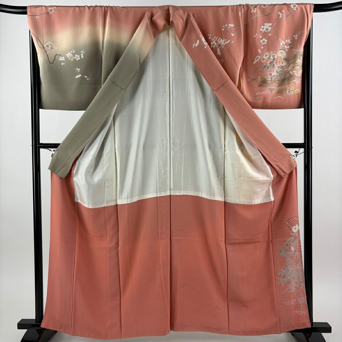 訪問服 身長162cm 袖長68.5cm L 雙層 枝花 波 金銀彩 漸層 鮭粉色 純蠶絲 優品級