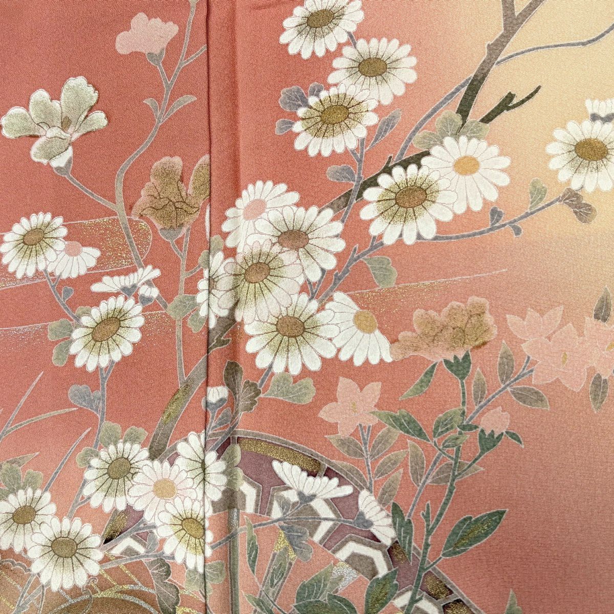 訪問服 身長162cm 袖長68.5cm L 雙層 枝花 波 金銀彩 漸層 鮭粉色 純蠶絲 優品級