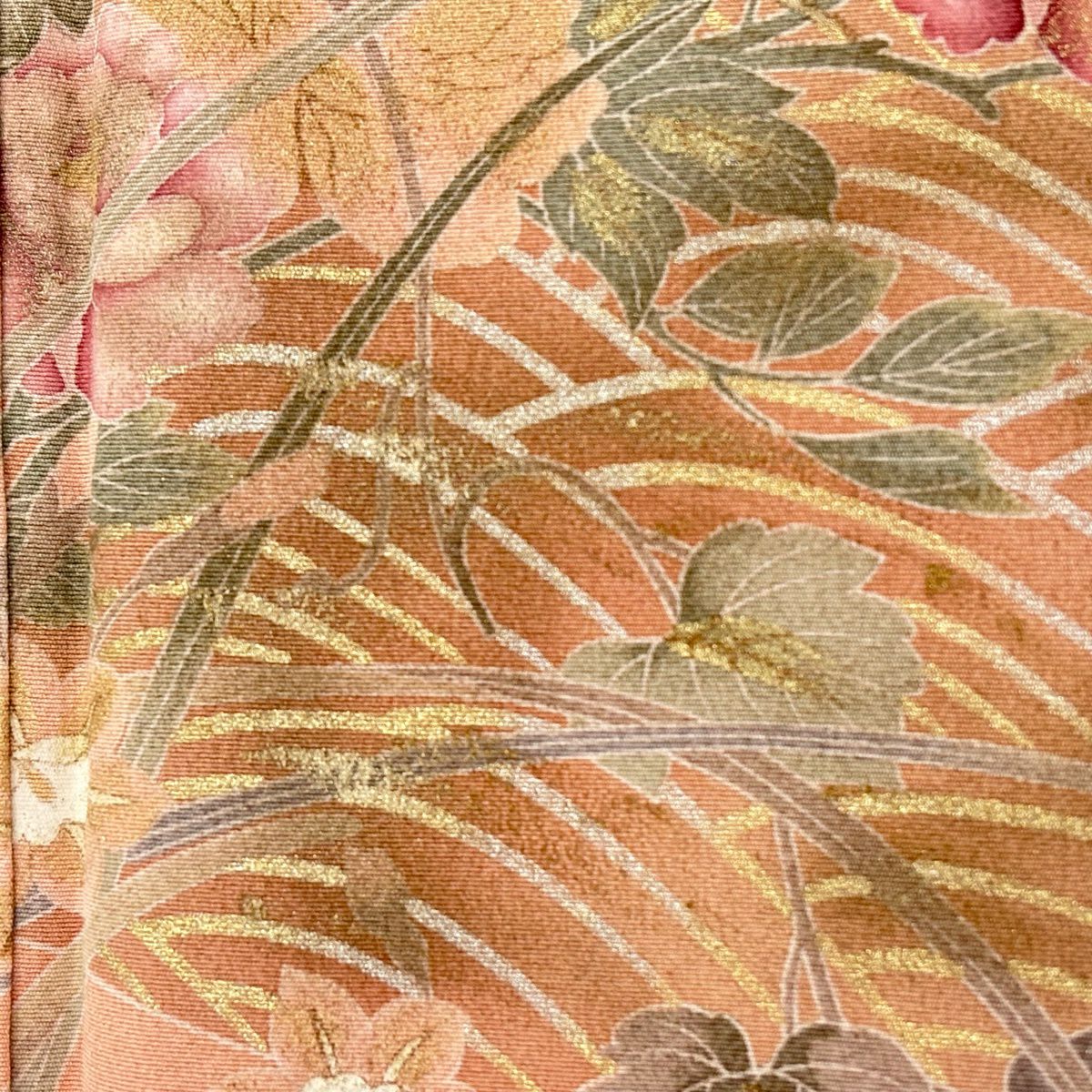 訪問服 身長162cm 袖長68.5cm L 雙層 枝花 波 金銀彩 漸層 鮭粉色 純蠶絲 優品級