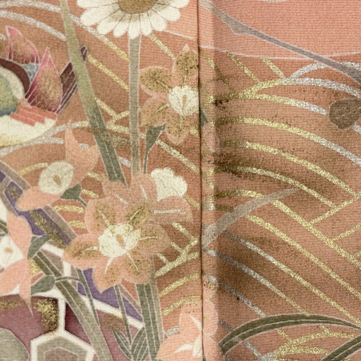 訪問服 身長162cm 袖長68.5cm L 雙層 枝花 波 金銀彩 漸層 鮭粉色 純蠶絲 優品級