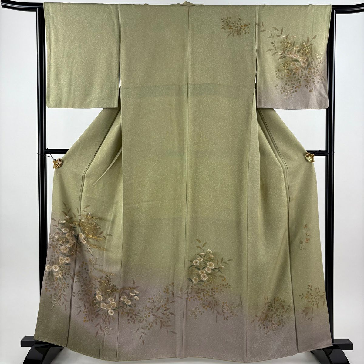訪問服 身長163cm 袖長64.5cm M 雙層 落款 草花紋紋 霞 金彩裝飾 刺繡 鶯 純蠶絲 秀品級