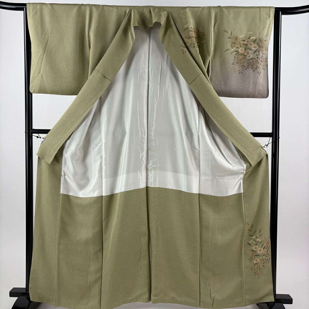 訪問服 身長163cm 袖長64.5cm M 雙層 落款 草花紋紋 霞 金彩裝飾 刺繡 鶯 純蠶絲 秀品級