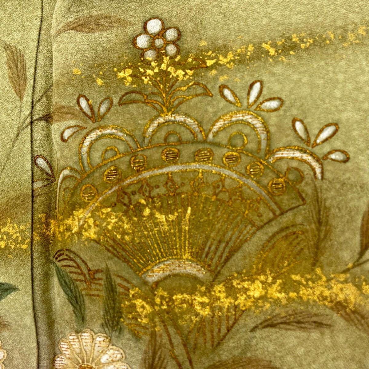 訪問服 身長163cm 袖長64.5cm M 雙層 落款 草花紋紋 霞 金彩裝飾 刺繡 鶯 純蠶絲 秀品級