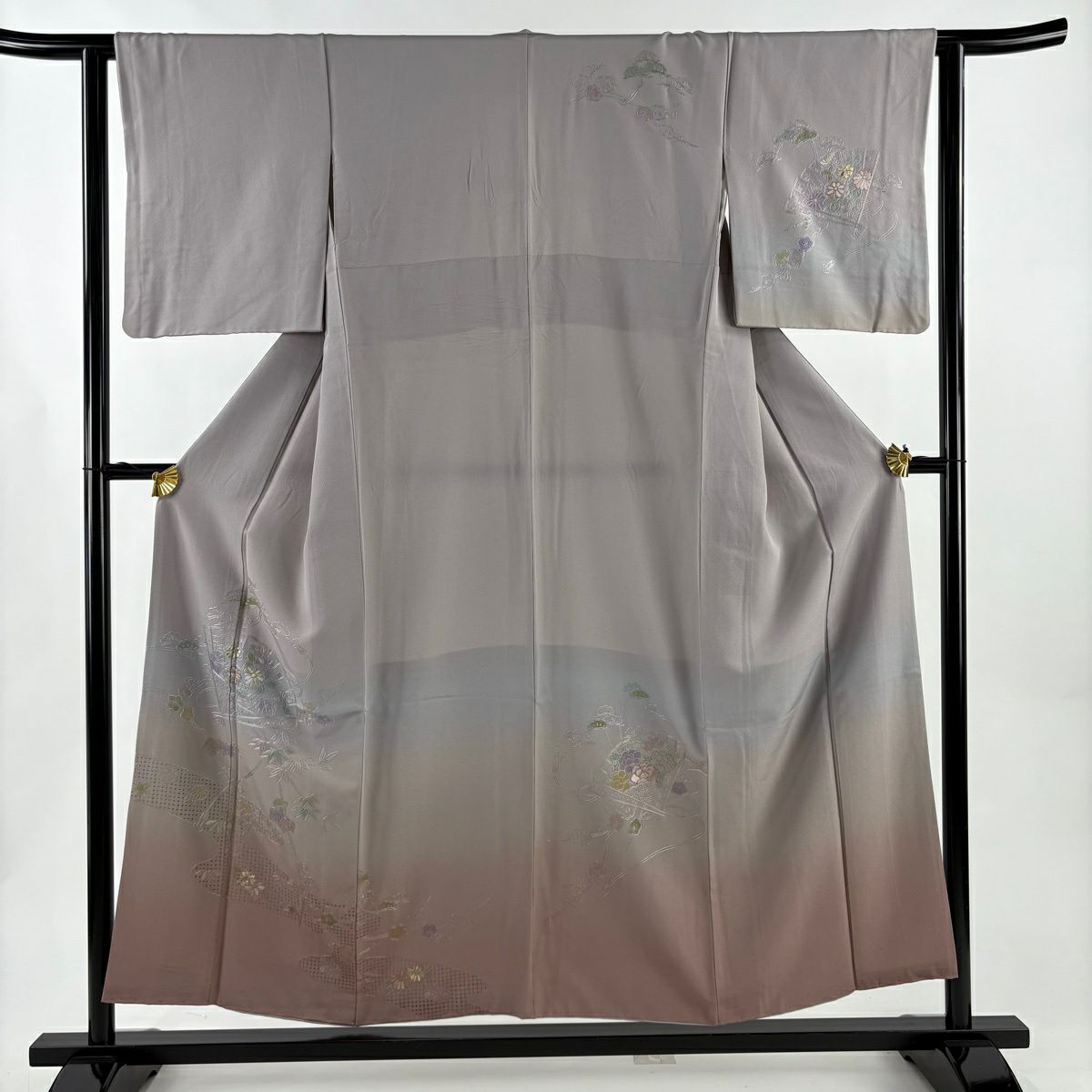 訪問服 身長155.5cm 袖長62cm S 雙層 桧扇子 松樹竹子梅花 刺繡 金糸 灰紫 純蠶絲 秀品級