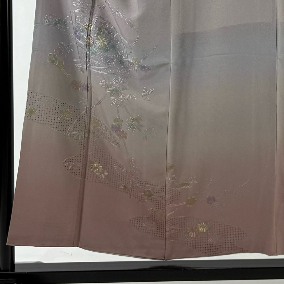 訪問服 身長155.5cm 袖長62cm S 雙層 桧扇子 松樹竹子梅花 刺繡 金糸 灰紫 純蠶絲 秀品級
