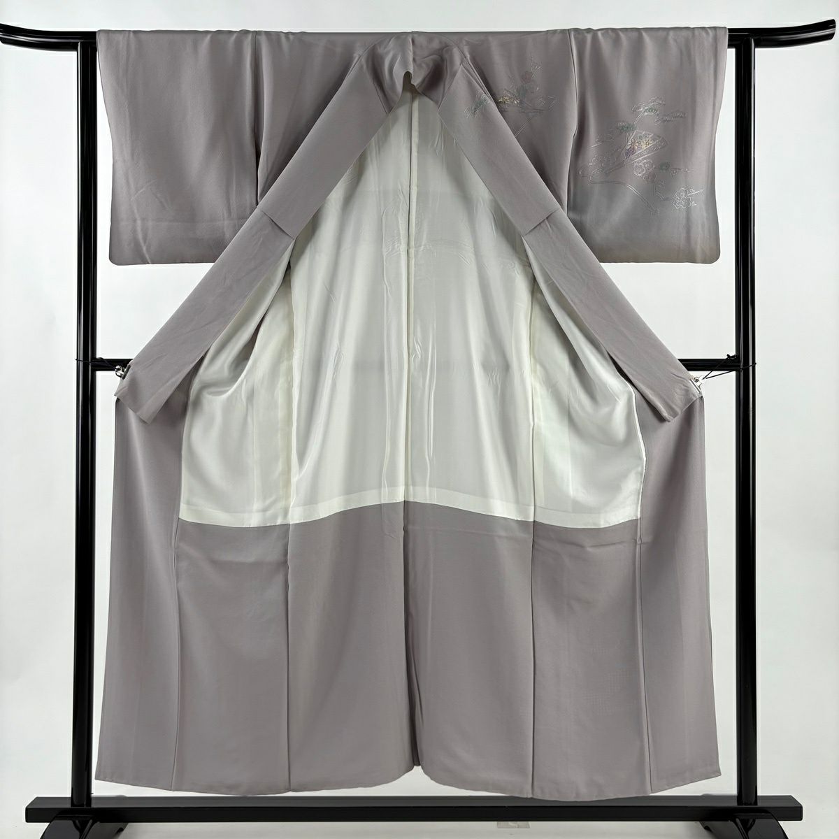 訪問服 身長155.5cm 袖長62cm S 雙層 桧扇子 松樹竹子梅花 刺繡 金糸 灰紫 純蠶絲 秀品級