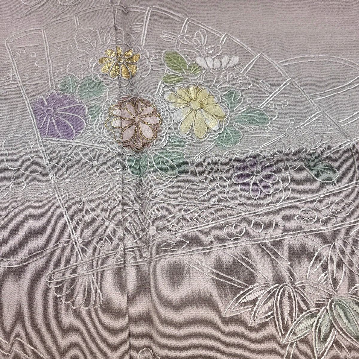 訪問服 身長155.5cm 袖長62cm S 雙層 桧扇子 松樹竹子梅花 刺繡 金糸 灰紫 純蠶絲 秀品級