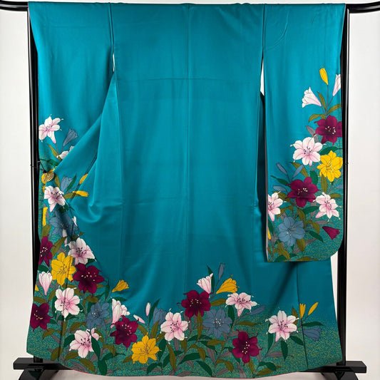 【美品】振袖禮服 身長162cm 袖長66cm M 雙層 草花紋紋 金彩裝飾 青綠 純蠶絲 秀品級