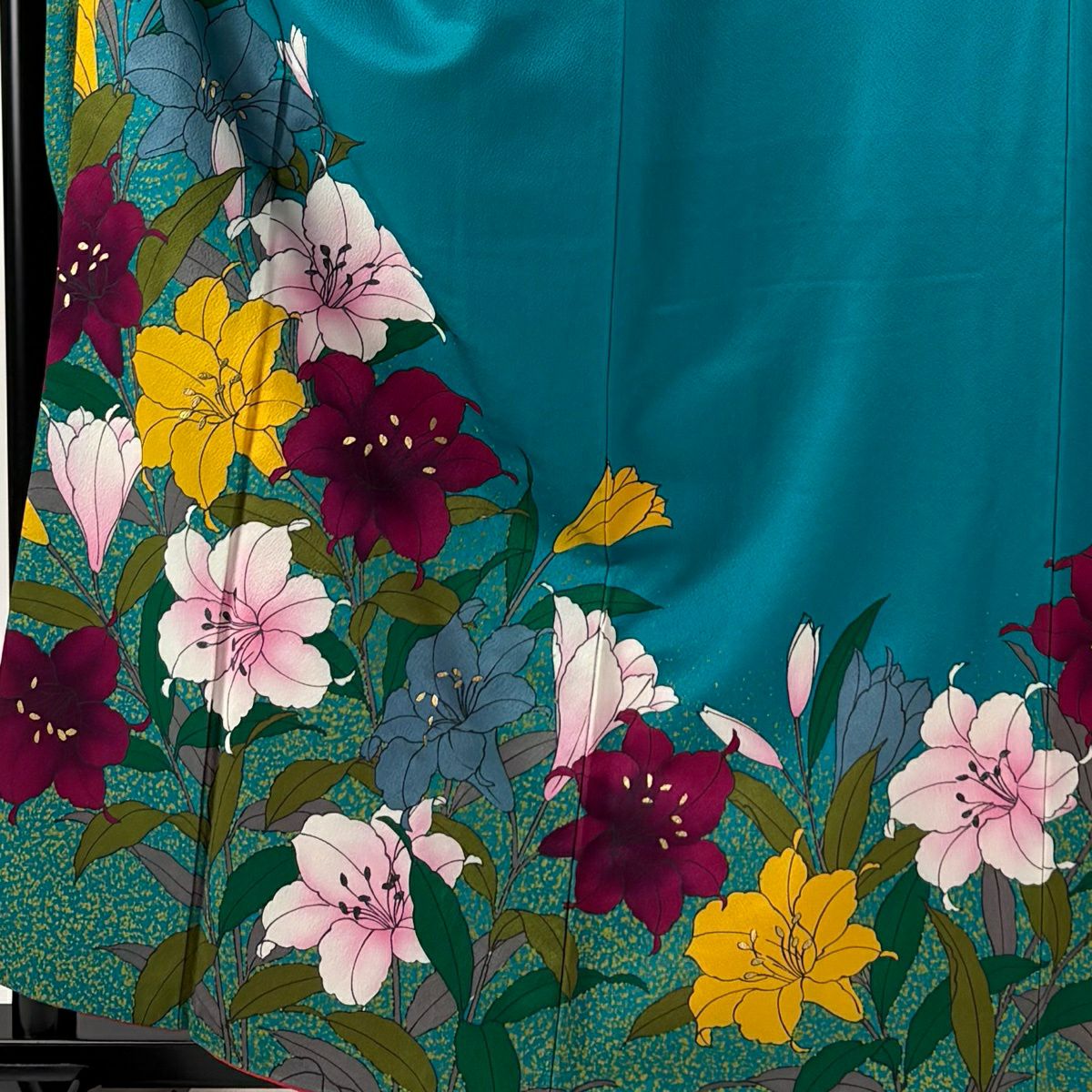 【美品】振袖禮服 身長162cm 袖長66cm M 雙層 草花紋紋 金彩裝飾 青綠 純蠶絲 秀品級