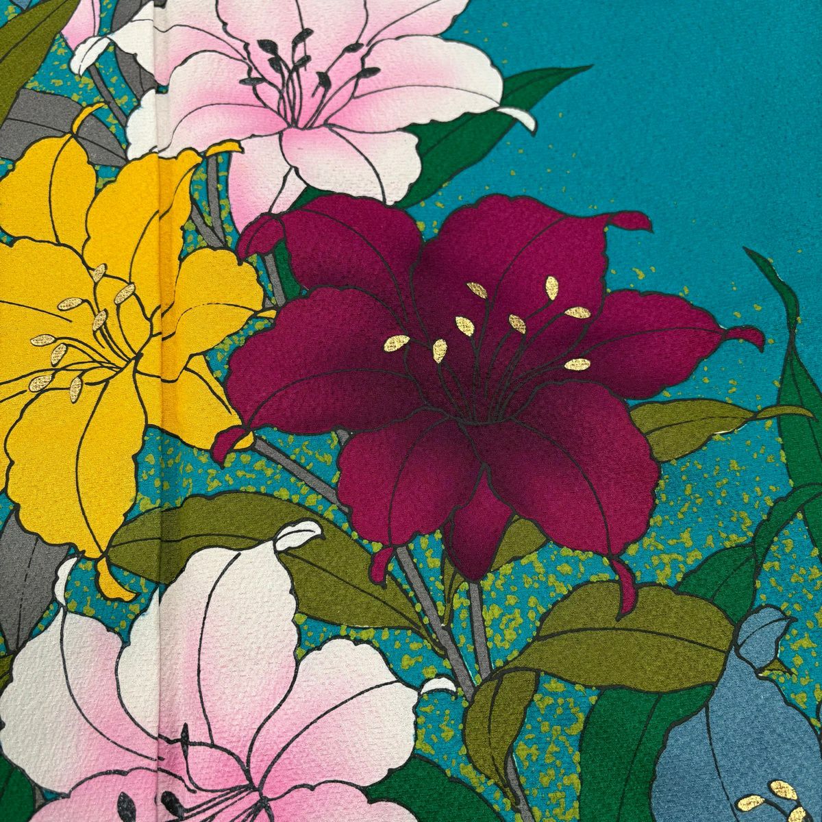 【美品】振袖禮服 身長162cm 袖長66cm M 雙層 草花紋紋 金彩裝飾 青綠 純蠶絲 秀品級