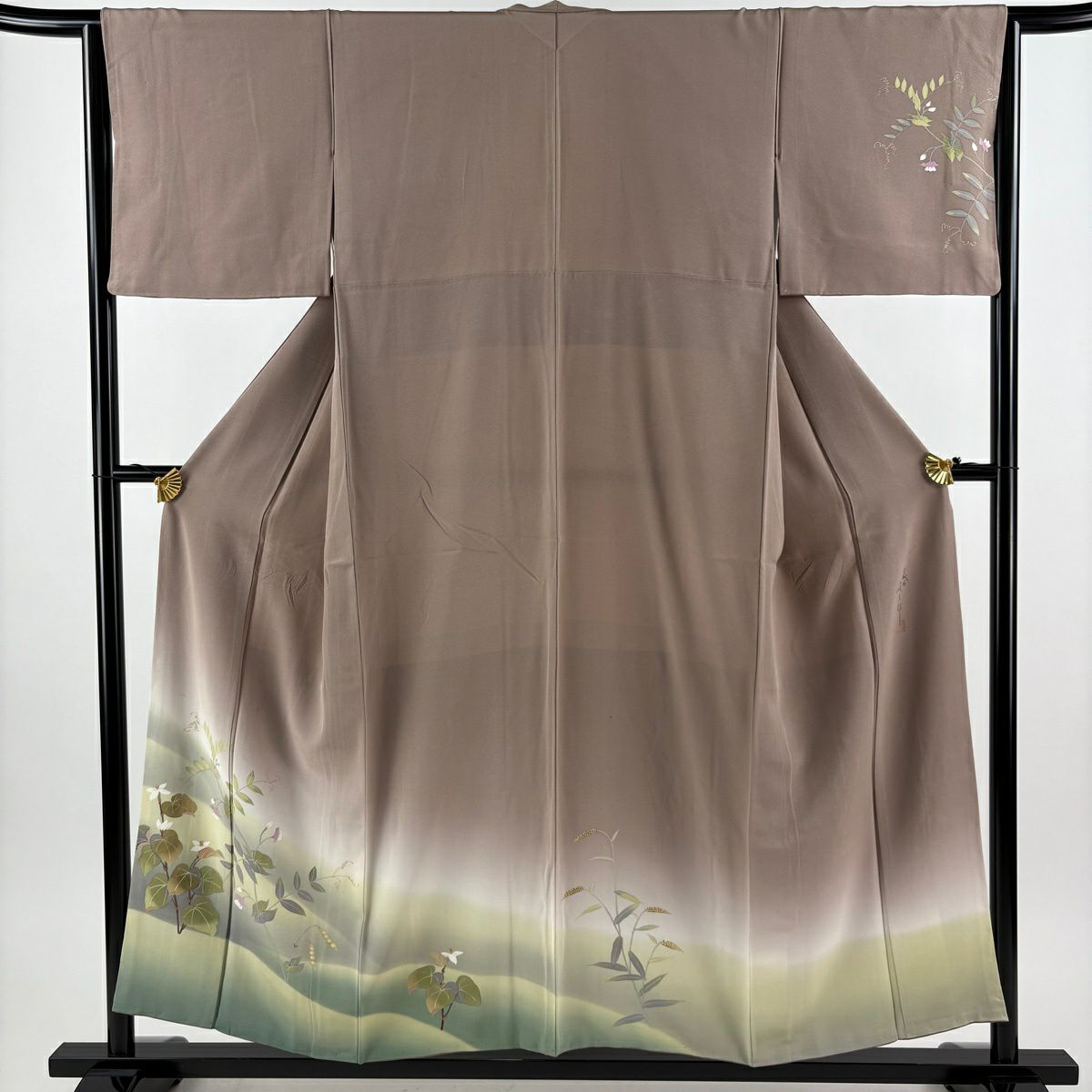 付下 身長155cm 袖長64.5cm M 雙層 二代目清次郎 落款あり 草花紋紋 漸層 灰茶 純蠶絲 優品級