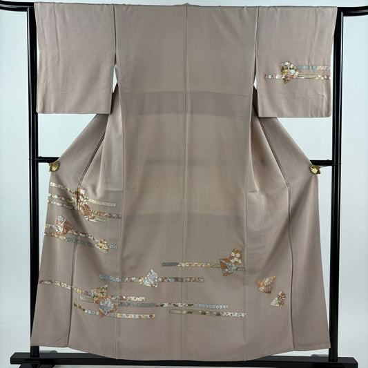 訪問服 身長156.5cm 袖長64cm M 雙層 大和 有職紋樣 鼓刺繡 金銀彩 粉米色 純蠶絲 優品級