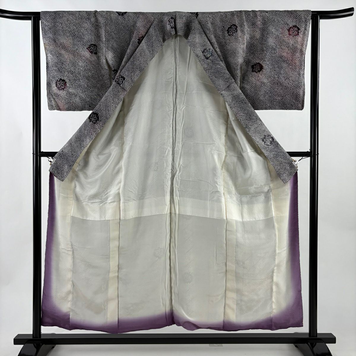 小紋 身長154cm 袖長63cm S 雙層 花 總絞染 灰紫 純蠶絲 秀品級