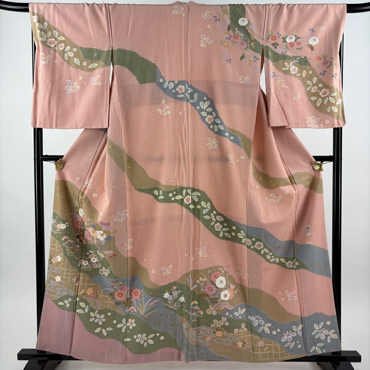 訪問服 身長159.5cm 袖長68cm L 雙層 落款あり 道長取 菊花 金彩裝飾 粉紅 純蠶絲 秀品級