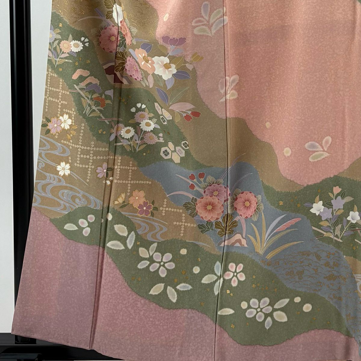 訪問服 身長159.5cm 袖長68cm L 雙層 落款あり 道長取 菊花 金彩裝飾 粉紅 純蠶絲 秀品級