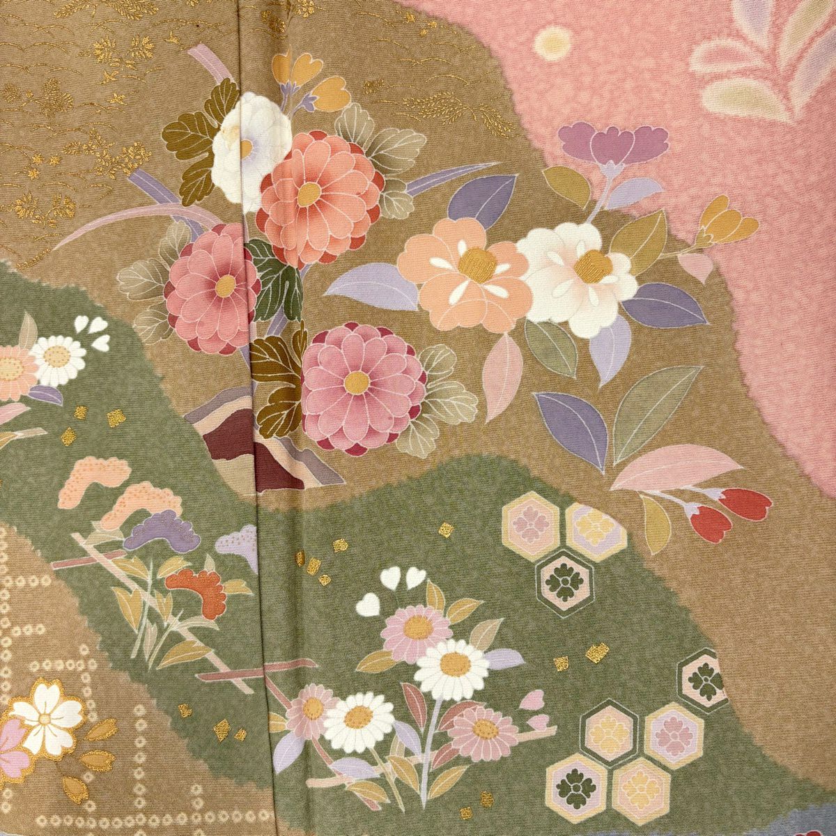 訪問服 身長159.5cm 袖長68cm L 雙層 落款あり 道長取 菊花 金彩裝飾 粉紅 純蠶絲 秀品級
