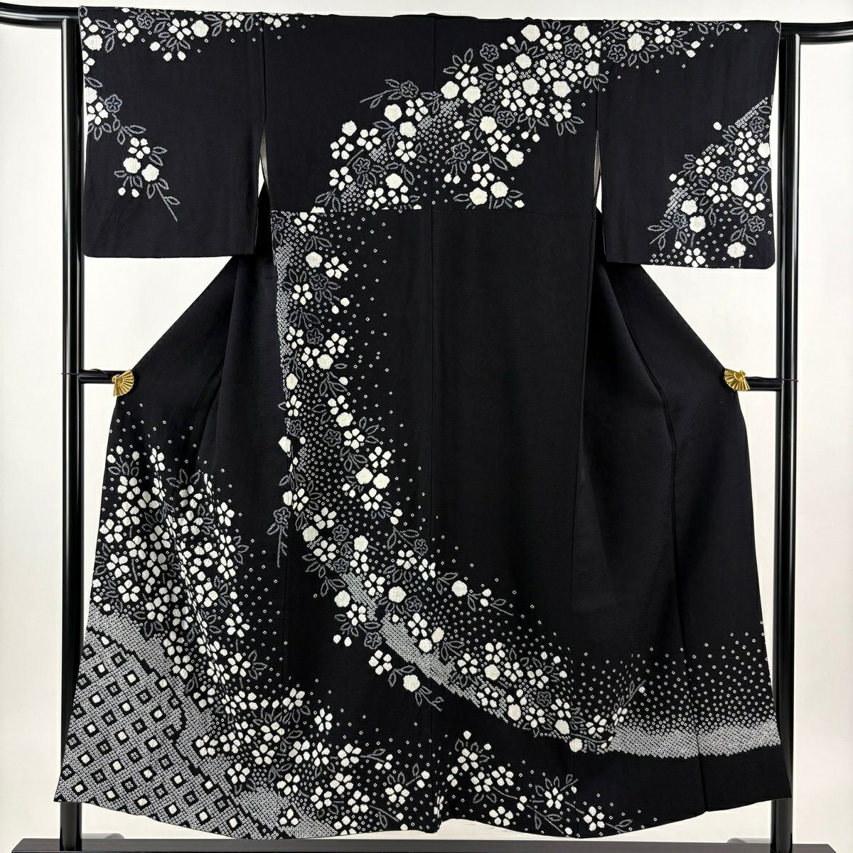 訪問服 身長151.5cm 袖長63cm S 雙層 梅花 菱 絞染 黑 純蠶絲 秀品級