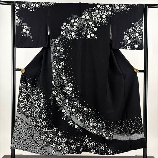 訪問服 身長151.5cm 袖長63cm S 雙層 梅花 菱 絞染 黑 純蠶絲 秀品級