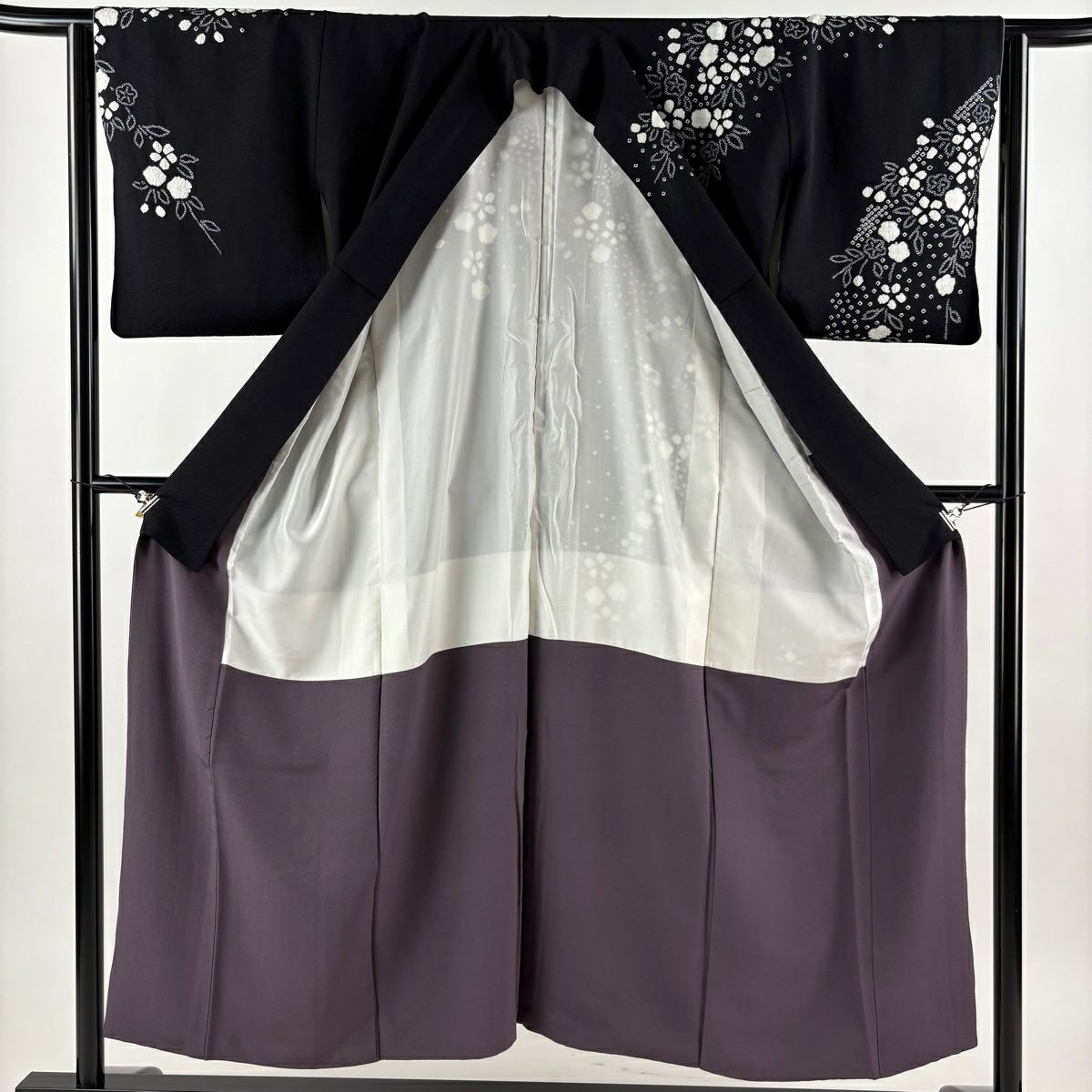 訪問服 身長151.5cm 袖長63cm S 雙層 梅花 菱 絞染 黑 純蠶絲 秀品級