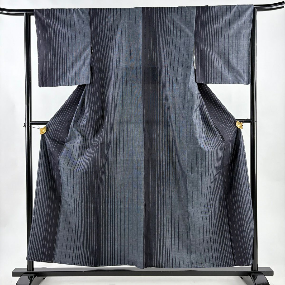 【美品】 紬織 身長157.5cm 袖長63.5cm S 雙層 縱條 深藍 純蠶絲 優品級