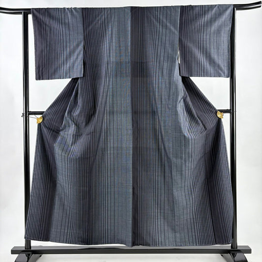 【美品】 紬織 身長157.5cm 袖長63.5cm S 雙層 縱條 深藍 純蠶絲 優品級