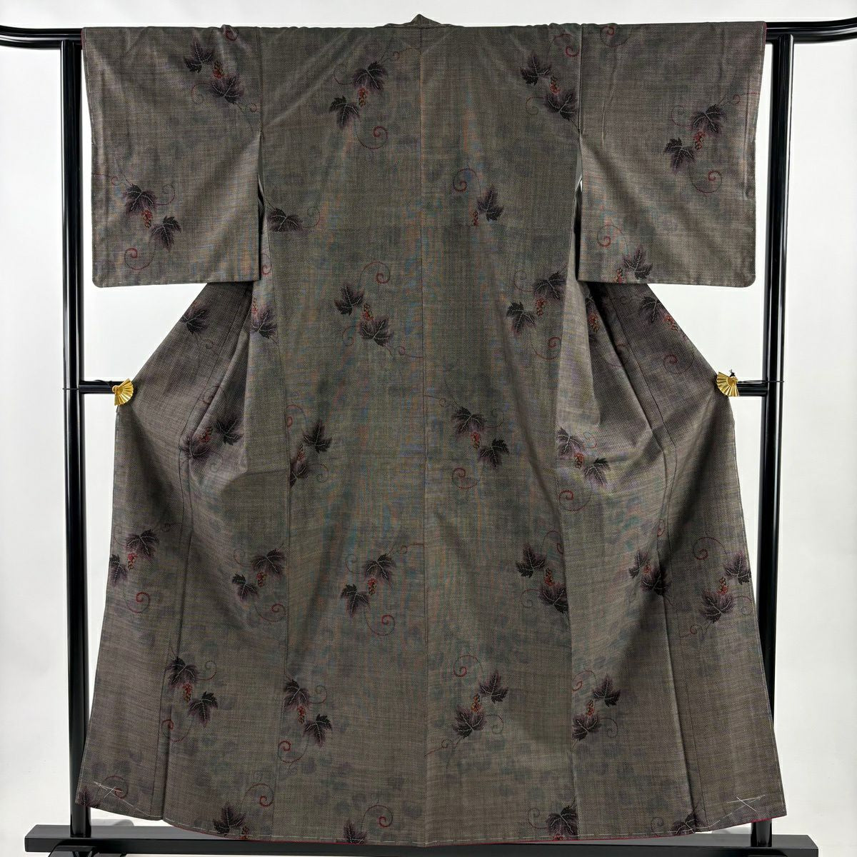 【美品】 紬織織 身長157.5cm 袖長63cm S 雙層 葡萄唐草紋 灰茶 純蠶絲 秀品級