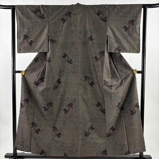 【美品】 紬織織 身長157.5cm 袖長63cm S 雙層 葡萄唐草紋 灰茶 純蠶絲 秀品級