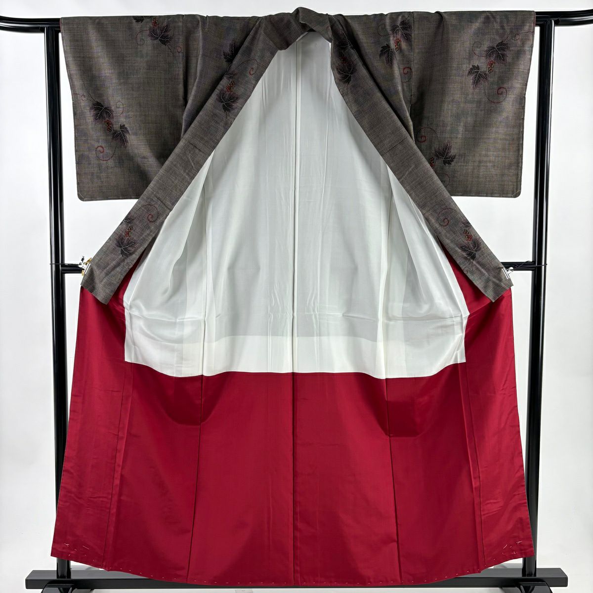 【美品】 紬織織 身長157.5cm 袖長63cm S 雙層 葡萄唐草紋 灰茶 純蠶絲 秀品級