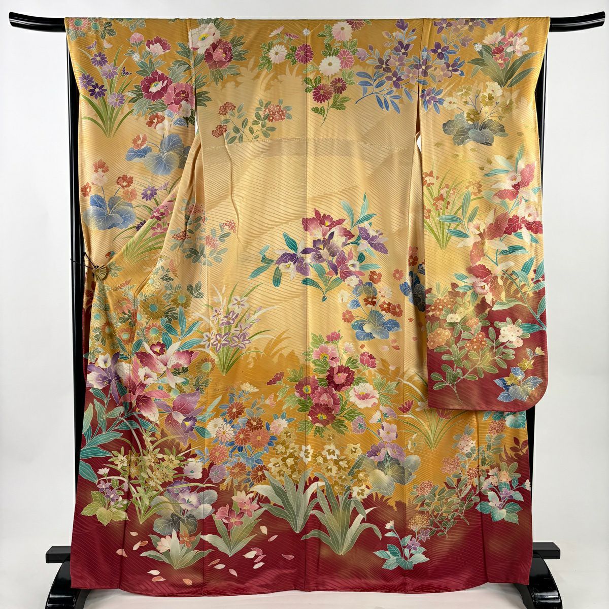 振袖禮服 身長169cm 袖長67cm M 雙層 落款 草花紋紋 金銀彩 金色 純蠶絲 秀品級 三つ紋