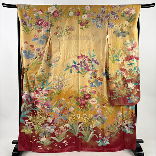 振袖禮服 身長169cm 袖長67cm M 雙層 落款 草花紋紋 金銀彩 金色 純蠶絲 秀品級 三つ紋
