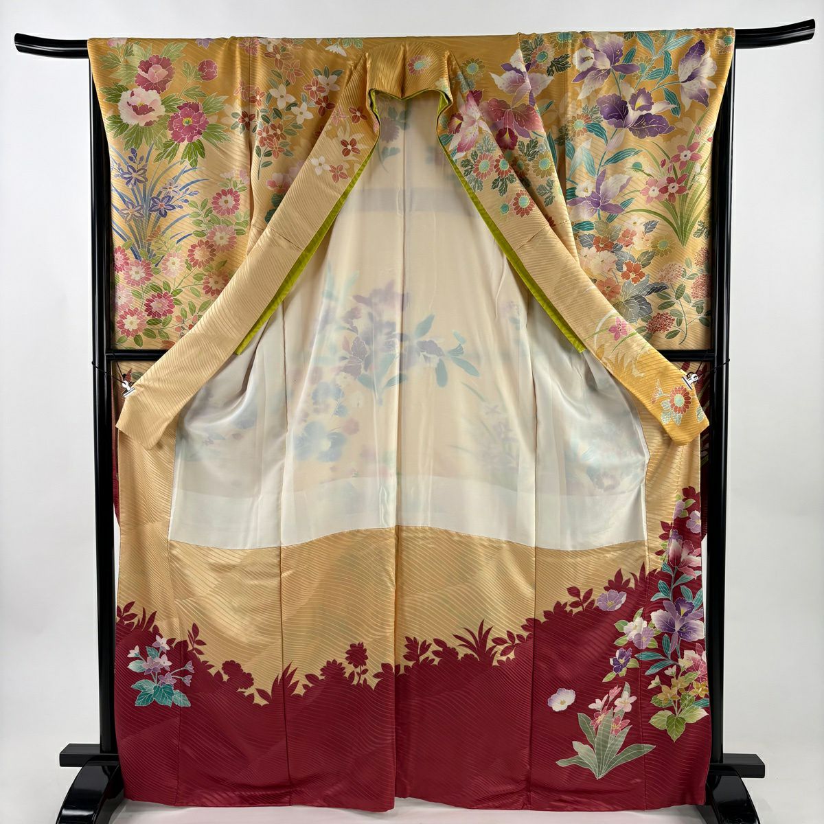 振袖禮服 身長169cm 袖長67cm M 雙層 落款 草花紋紋 金銀彩 金色 純蠶絲 秀品級 三つ紋
