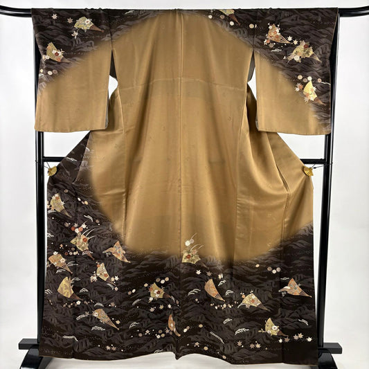 【美品】訪問服 身長163.5cm 袖長67cm M 雙層 花扇子 波 金絲 金銀彩 焦茶 純蠶絲 秀品級