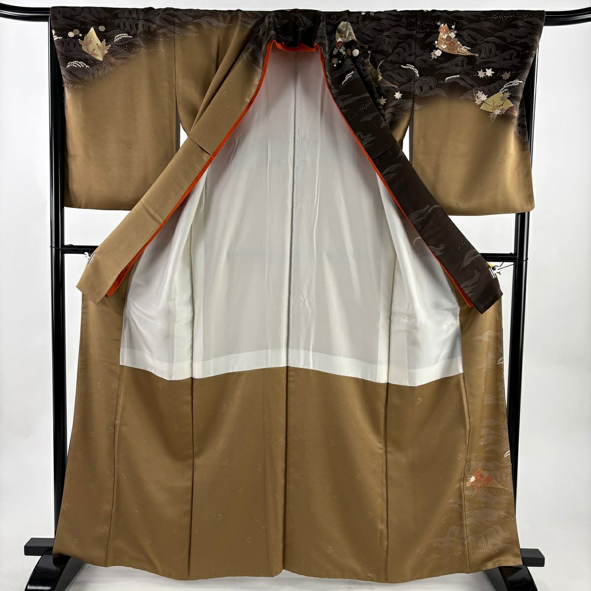 【美品】訪問服 身長163.5cm 袖長67cm M 雙層 花扇子 波 金絲 金銀彩 焦茶 純蠶絲 秀品級